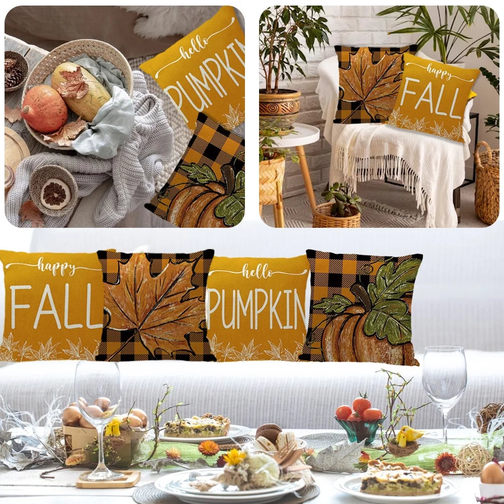 Buffalo Plaid Pumpkin Maple Leaf Fall Throw Pillow Covers Set of 4 P2358