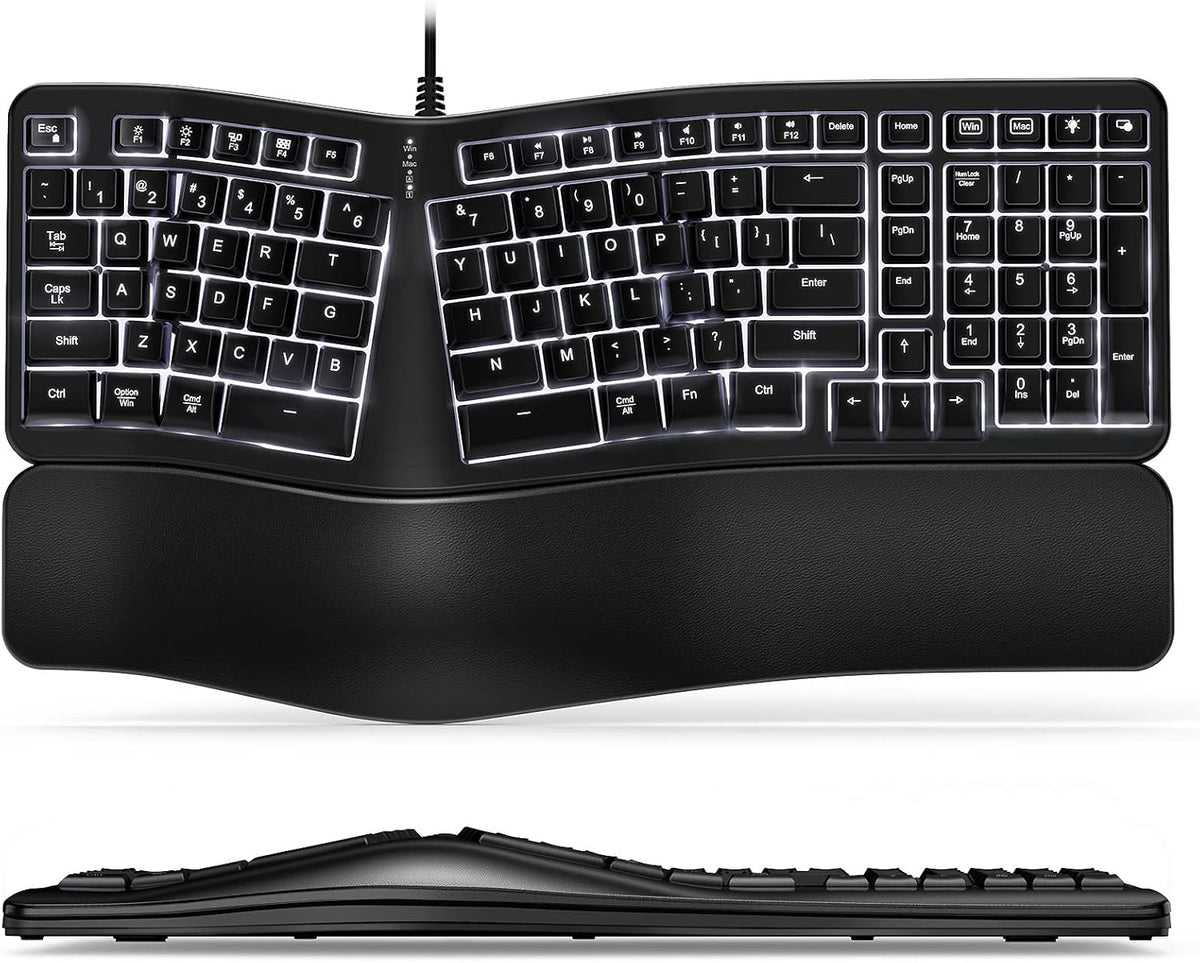 Backlit Wired Ergonomic Split Keyboard with Wrist Rest, 104 Keys E279445