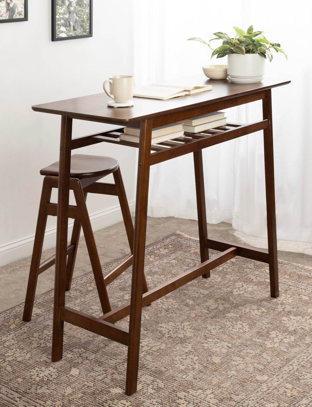 Walnut Brown Wooden Pub Table with Storage Shelf D4194