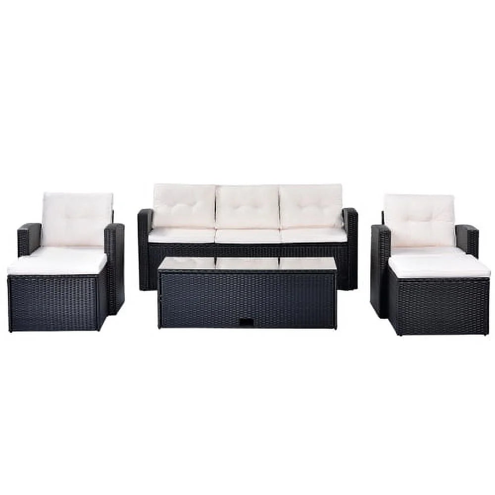 6 Piece Outdoor Patio Furniture Conversation Set with Coffee Table, All-Weather Wicker PE Rattan Sectional Sofas with Ottomans, Black Wicker Beige Cushion J148785