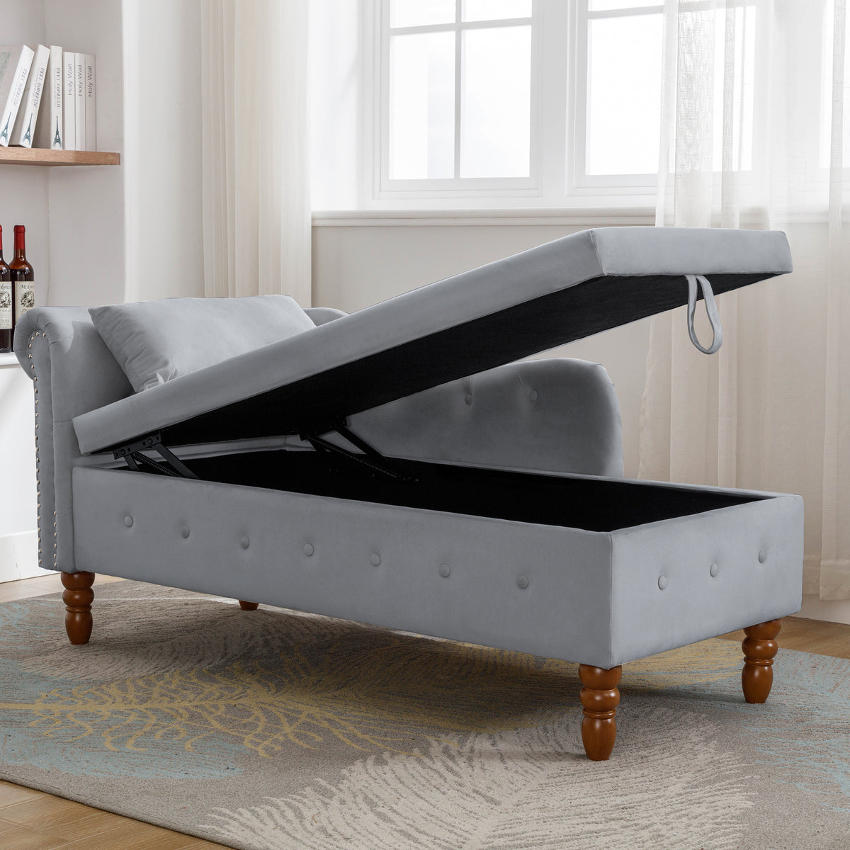 Grey Velvet Chaise Lounge with Storage & Pillow R129