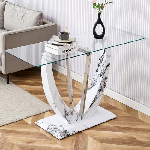 Glass Console Table, 50 inch Clear Glass Narrow Sofa Table with Wood Grain Base and Metal Frame Y6885