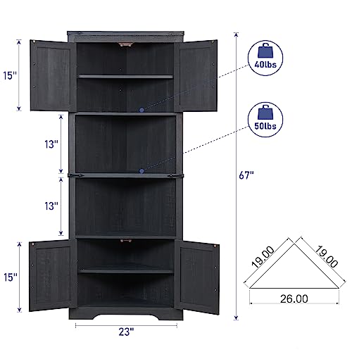 Black Tall Corner Storage Cabinet with Barn Door Design & Adjustable Shelves I244