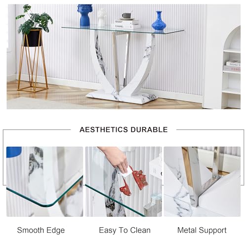 Glass Console Table, 50 inch Clear Glass Narrow Sofa Table with Wood Grain Base and Metal Frame Y6885