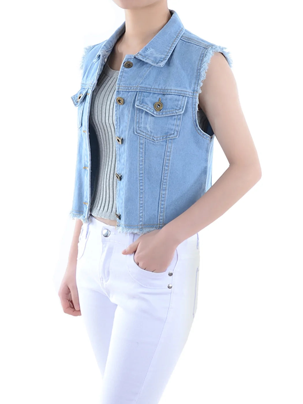 Distressed Denim Button Up Sleeveless Crop Vest P66782
