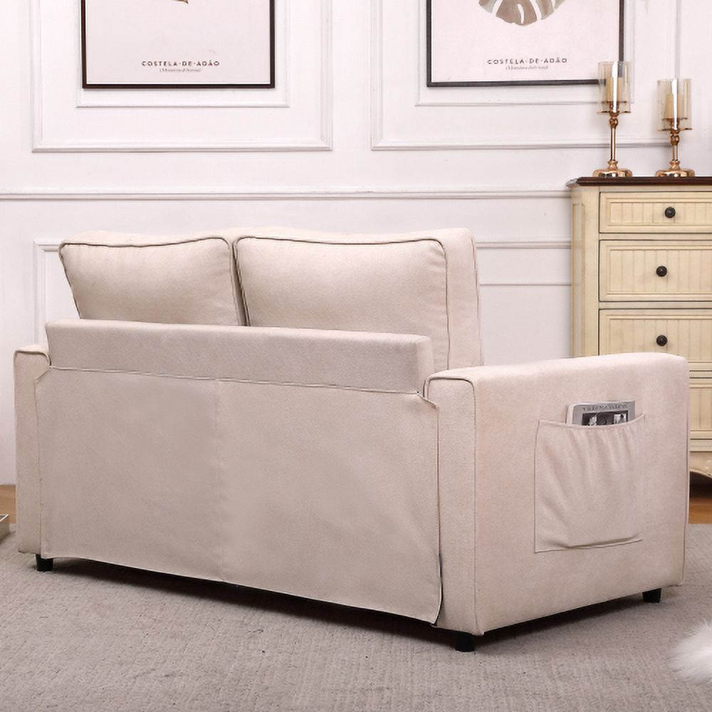 Beige Linen Folding Sofa Bed with Two Storage Pockets U2870
