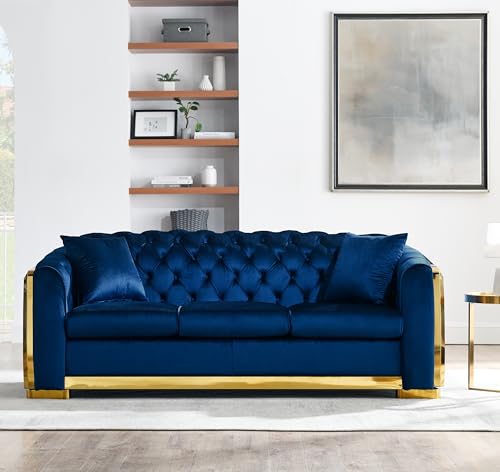 Blue Tufted Velvet 3 Seater Sofa with 2 Pillows G693