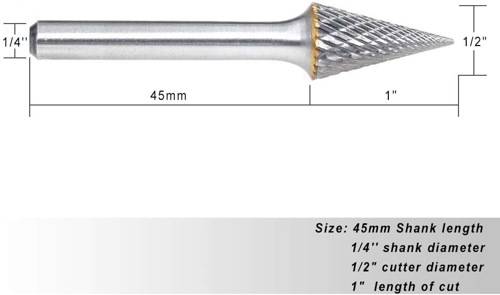 Tungsten Carbide Double Cut Rotary Burrs Pointed Cone Shape, 1/2'' Cutter Dia, 1'' Cutter Length, 1/4'' Shank, Pack of 2 T5935