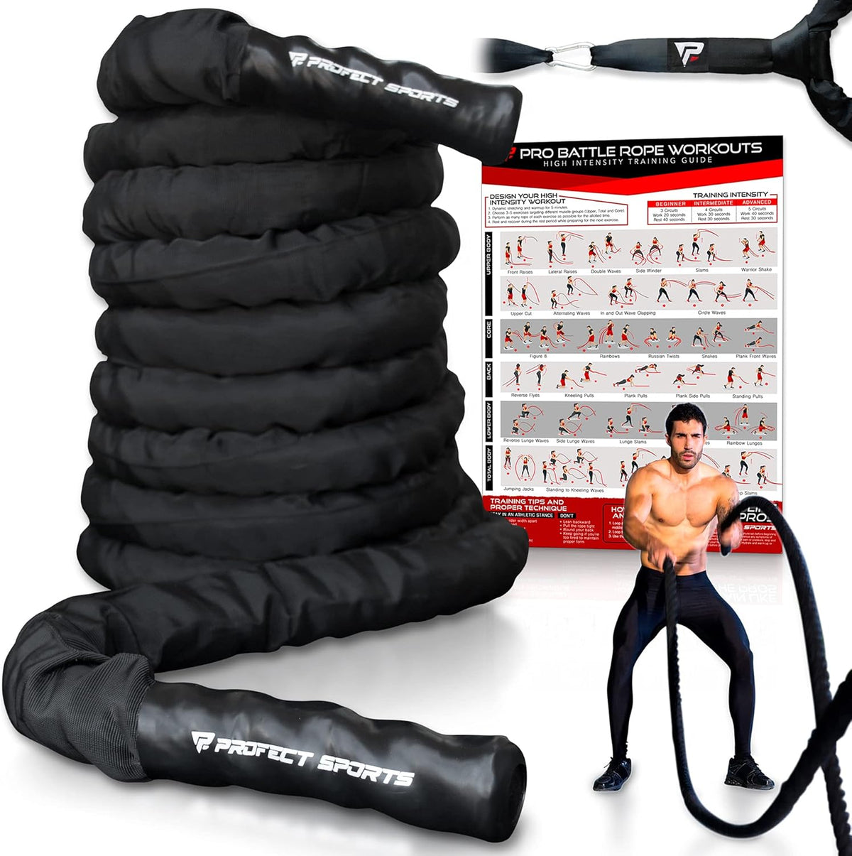 Battle Rope with Anchor Strap Kit and Exercise Poster, 100% Poly Dacron, Pack of 2 R460695