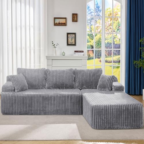 Grey Stripe L-Shape 3 Seat Modular Sectional Sofa with Oversized Chaise B80217