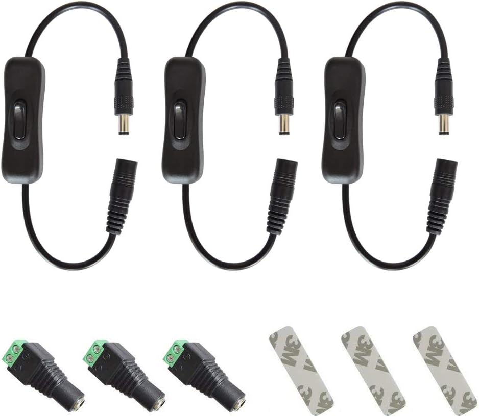 LED Strip Switch Connector with 3 x 12V Inline Switch, 3 x Female DC Power Jack, 3 x Adhesive Tape G669198