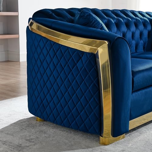 Blue Tufted Velvet 3 Seater Sofa with 2 Pillows G693
