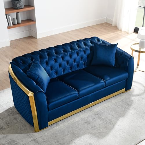 Blue Tufted Velvet 3 Seater Sofa with 2 Pillows G693