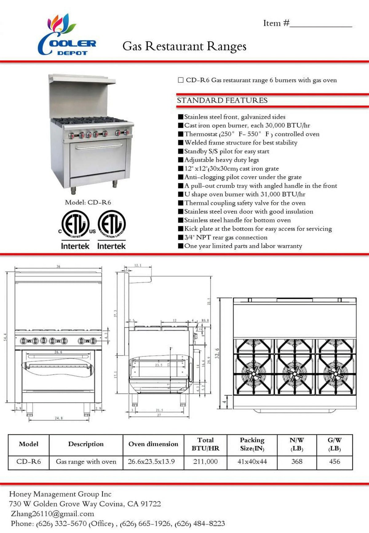 6 Burner Commercial Range and Oven, Stainless Steel, 211000 BTU W503838