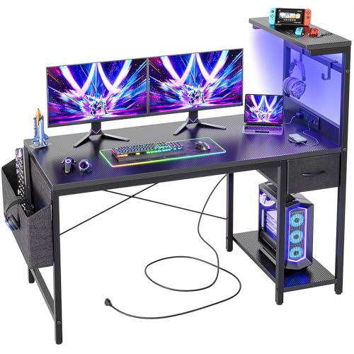 Carbon Fiber Black 47 inch Gaming Desk with Power Outlet and LED Light and Storage Drawer J567