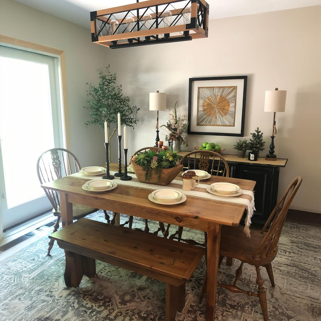Solid Wood Rustic Farmhouse Dining Table with Breadboard Ends (5', Light Natural) W48185