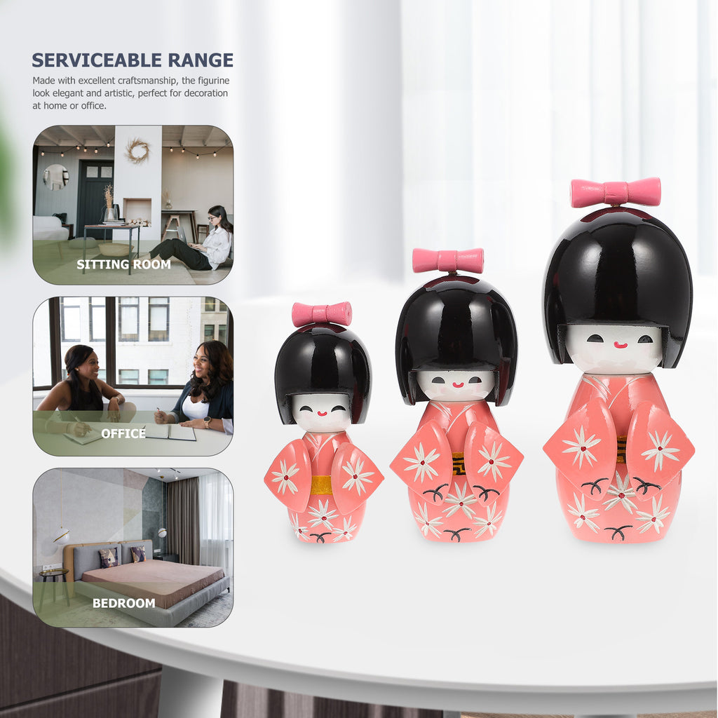 3 Pcs Wooden Japanese Kimono Doll Figurine T606551