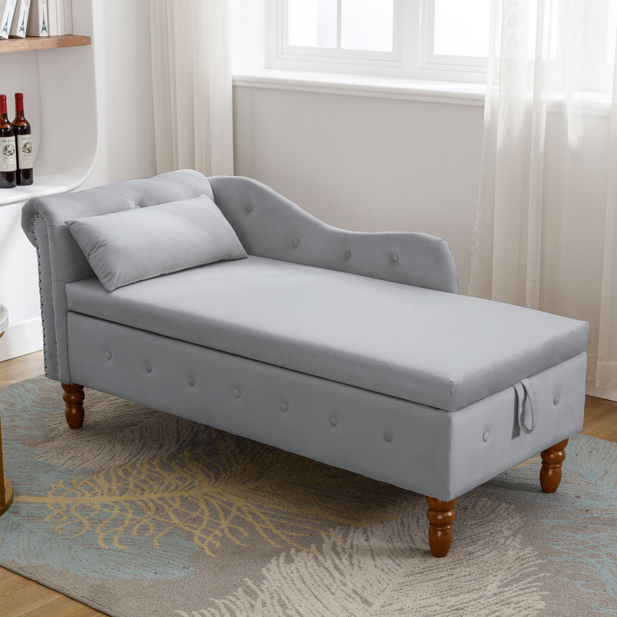 Grey Velvet Chaise Lounge with Storage & Pillow R129