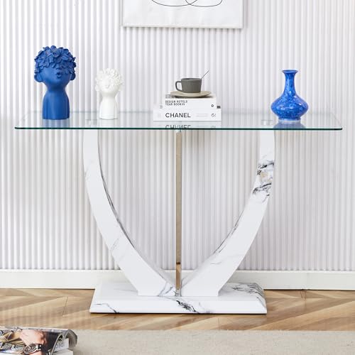 Glass Console Table, 50 inch Clear Glass Narrow Sofa Table with Wood Grain Base and Metal Frame Y6885