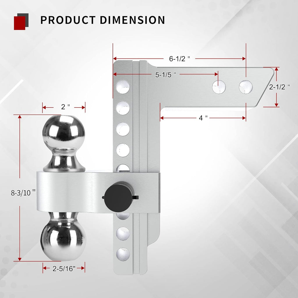 Adjustable Trailer Hitch Ball Mount, 2.5-Inch Receiver, 8-Inch Drop, Forged Aluminum Shank, 2-Inch and 2-5/16-Inch Combo Stainless Steel Tow Balls with Double Pin Key Locks E329307