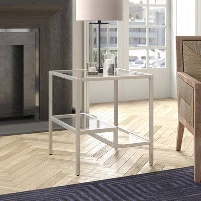 Satin Nickel Glass Top End Table with Storage D367