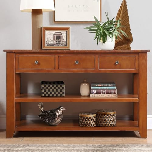 Brown Wood Entryway Console Table with Drawers and Storage Shelves C923559