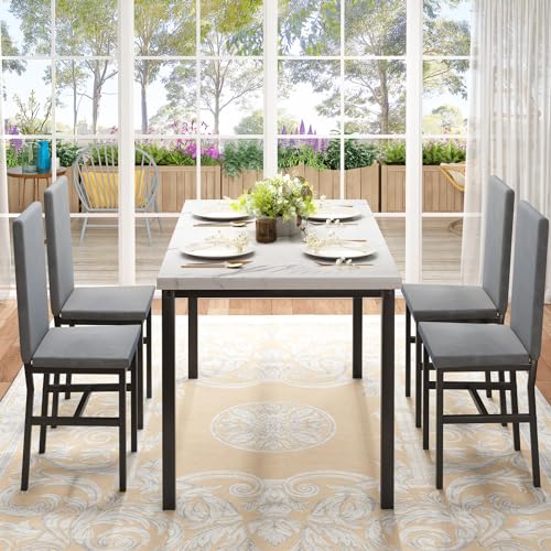Dining Table Set for 4 with Faux Marble Tabletop and 4 PU Leather Chairs X936664