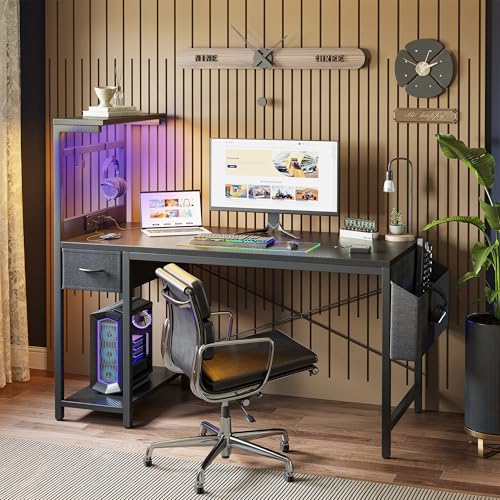 Carbon Fiber Black 47 inch Gaming Desk with Power Outlet and LED Light and Storage Drawer J567
