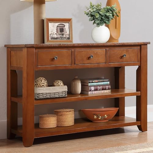 Brown Wood Entryway Console Table with Drawers and Storage Shelves C923559