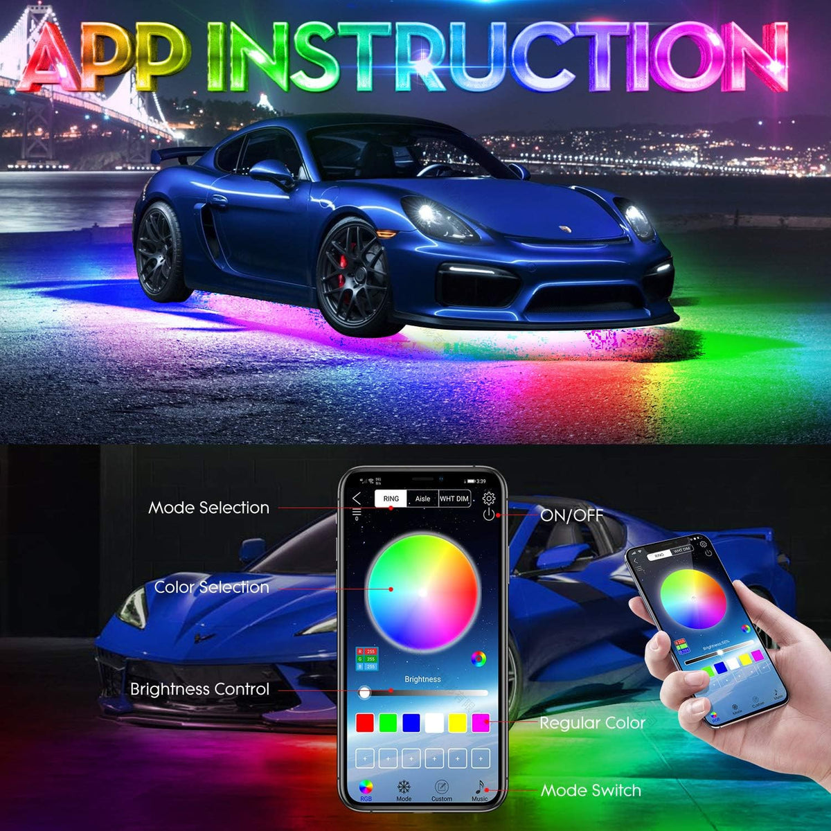 3-Pin 6PCS Car Double-Row Dreamcolor Underglow Lights Kit with APP IP68 12V Pack of 2 B8188