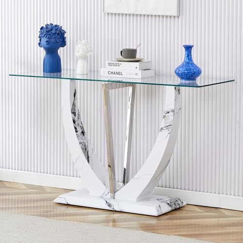 Glass Console Table, 50 inch Clear Glass Narrow Sofa Table with Wood Grain Base and Metal Frame Y6885