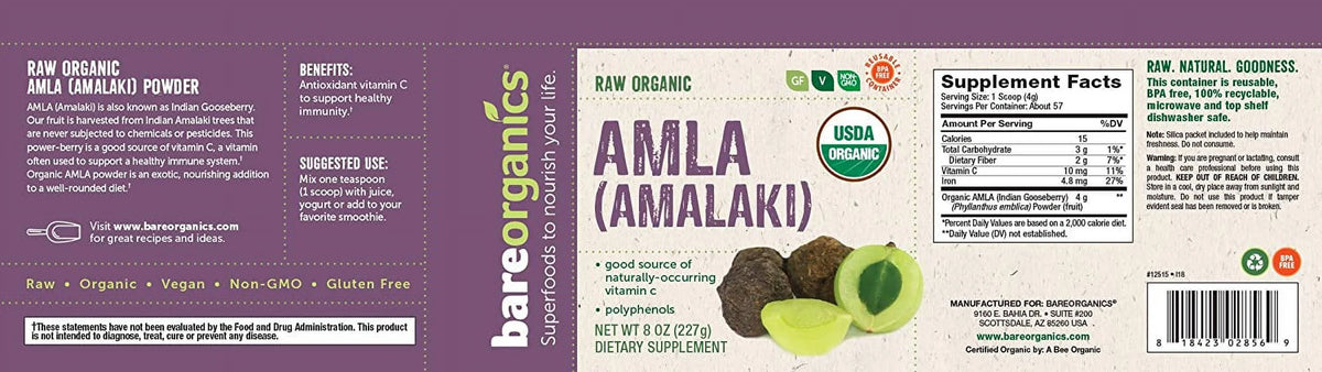 Amla, Indian Gooseberry & Superfood Powder, Dietary Supplement, 8 Oz R6326