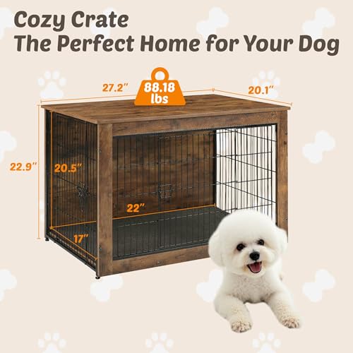 Wooden Dog Crate End Table with Dual Doors, 27 Inch N727803