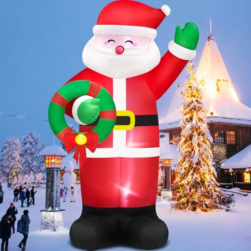14FT Giant Christmas Inflatables Santa Claus with Wreath Built-in LED Lights I83676