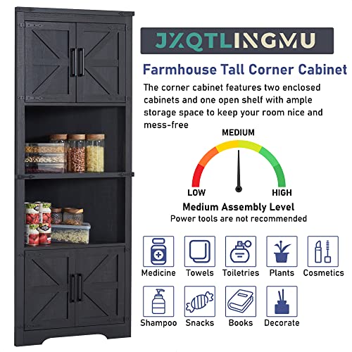 Black Tall Corner Storage Cabinet with Barn Door Design & Adjustable Shelves I244
