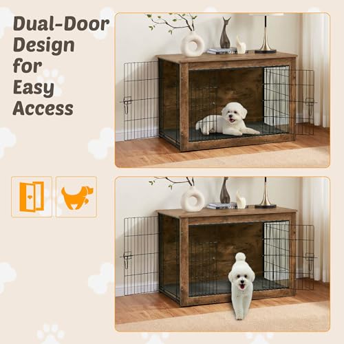 Wooden Dog Crate End Table with Dual Doors, 27 Inch N727803
