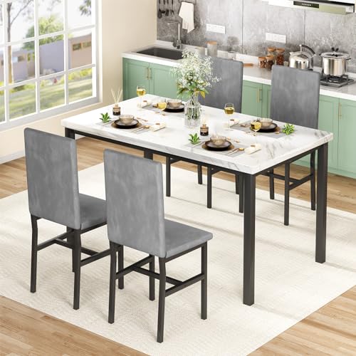 Dining Table Set for 4 with Faux Marble Tabletop and 4 PU Leather Chairs X936664