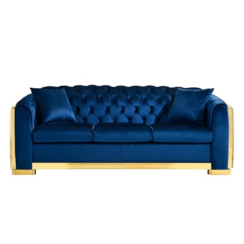 Blue Tufted Velvet 3 Seater Sofa with 2 Pillows G693