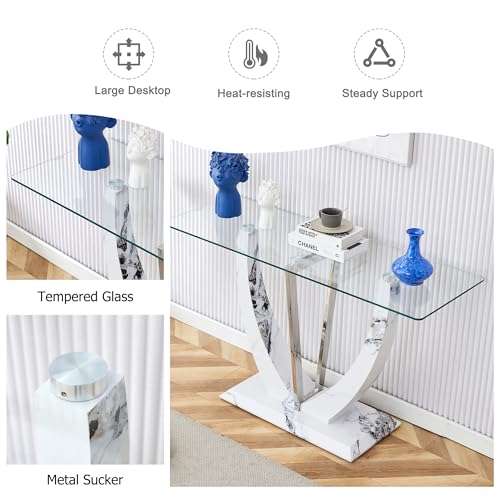 Glass Console Table, 50 inch Clear Glass Narrow Sofa Table with Wood Grain Base and Metal Frame Y6885