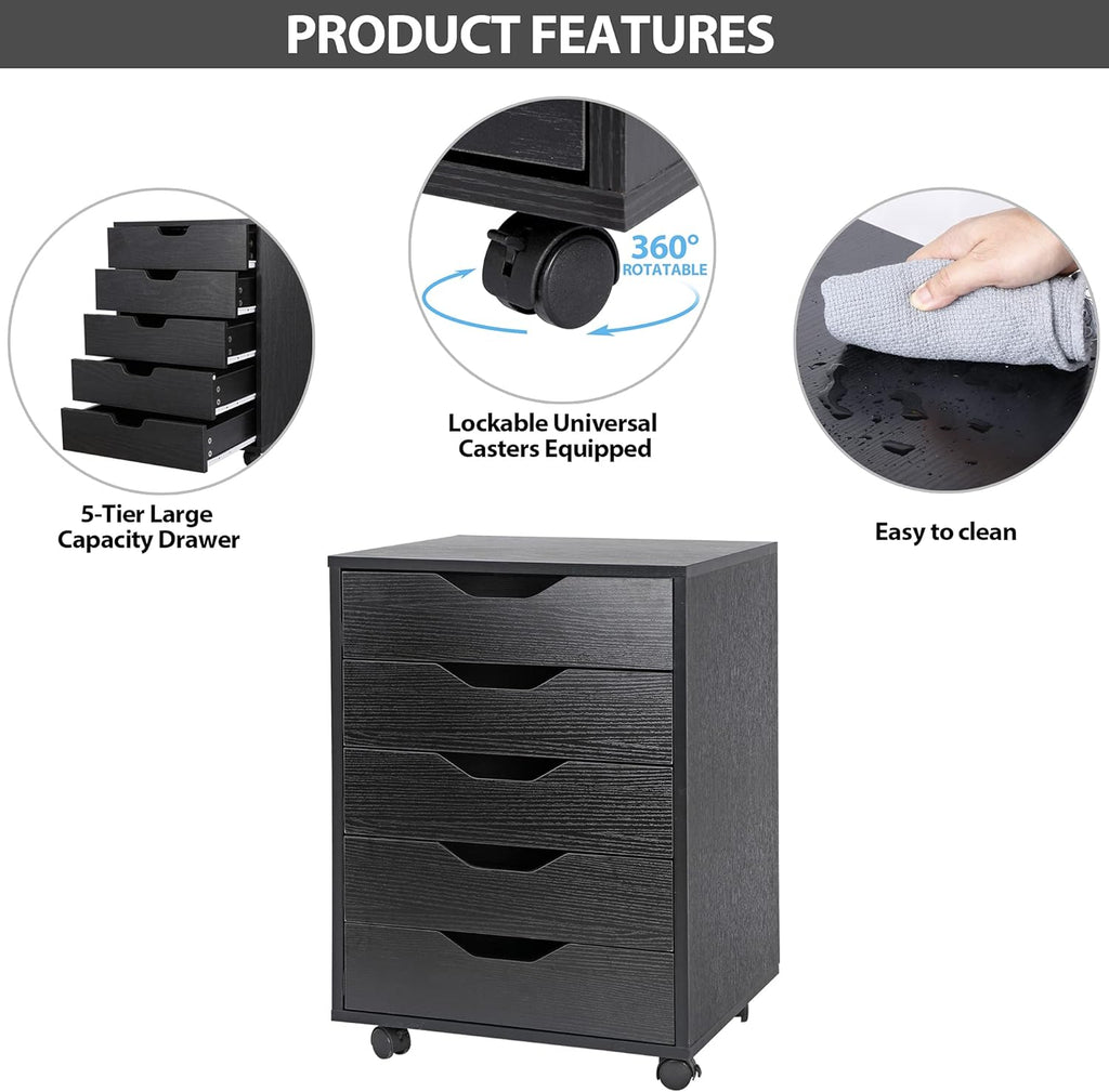 5 Drawer Mobile Wood Filing Cabinet with Lockable Casters, Black, Pack of 2 V78791