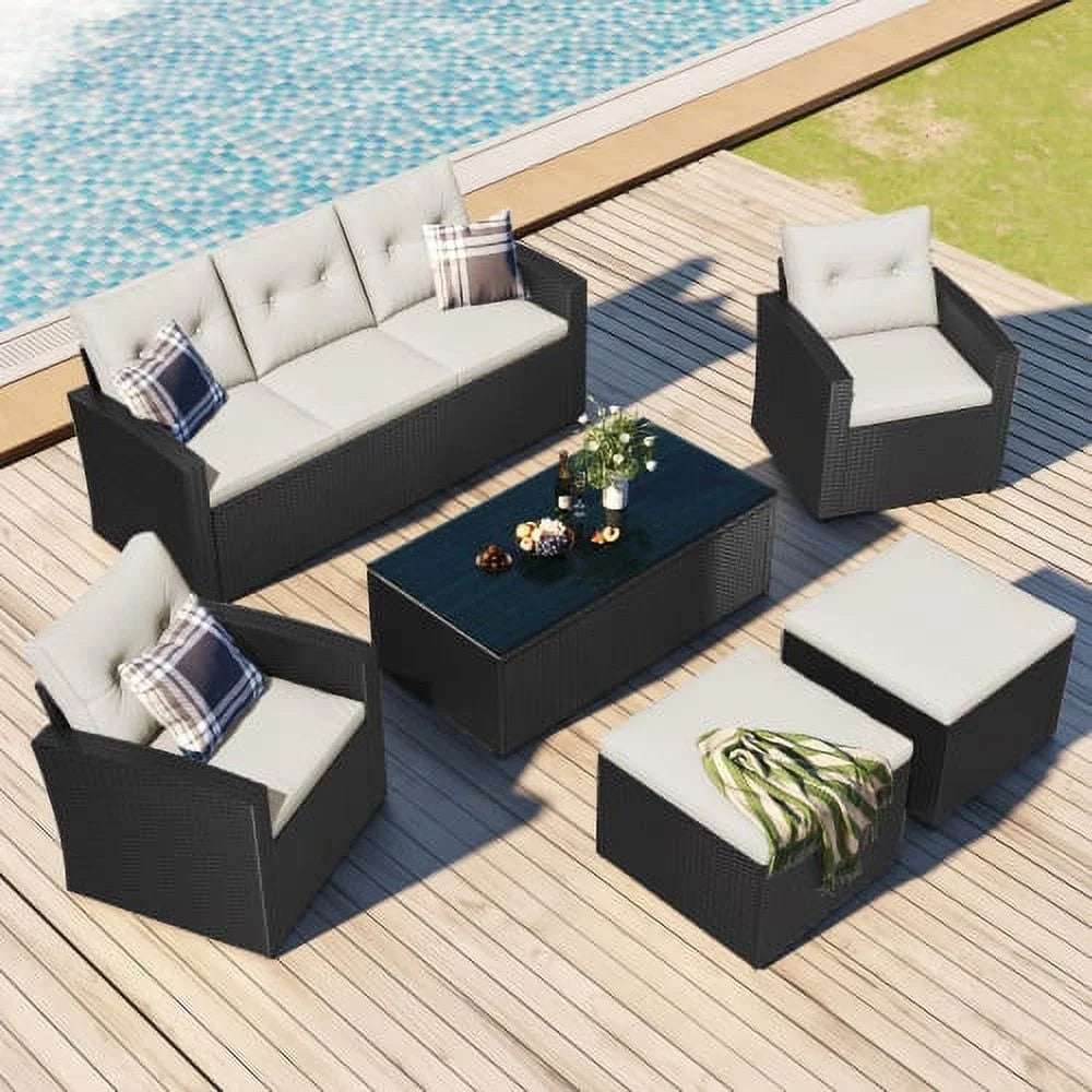 6 Piece Outdoor Patio Furniture Conversation Set with Coffee Table, All-Weather Wicker PE Rattan Sectional Sofas with Ottomans, Black Wicker Beige Cushion J148785