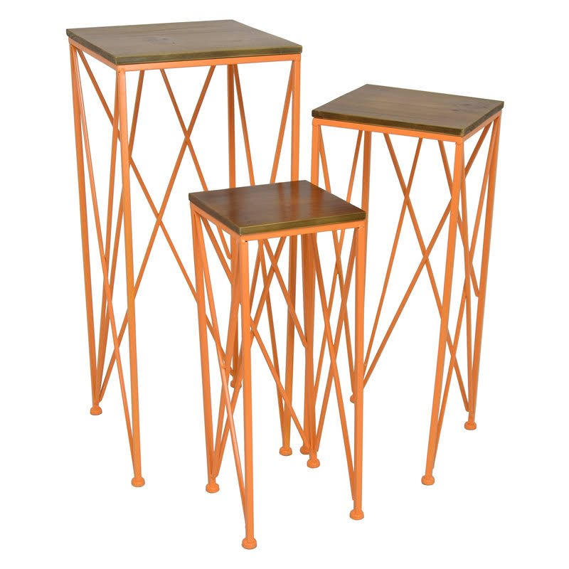 3 Piece Metal and Wood Plant Stand Set in Orange L268432