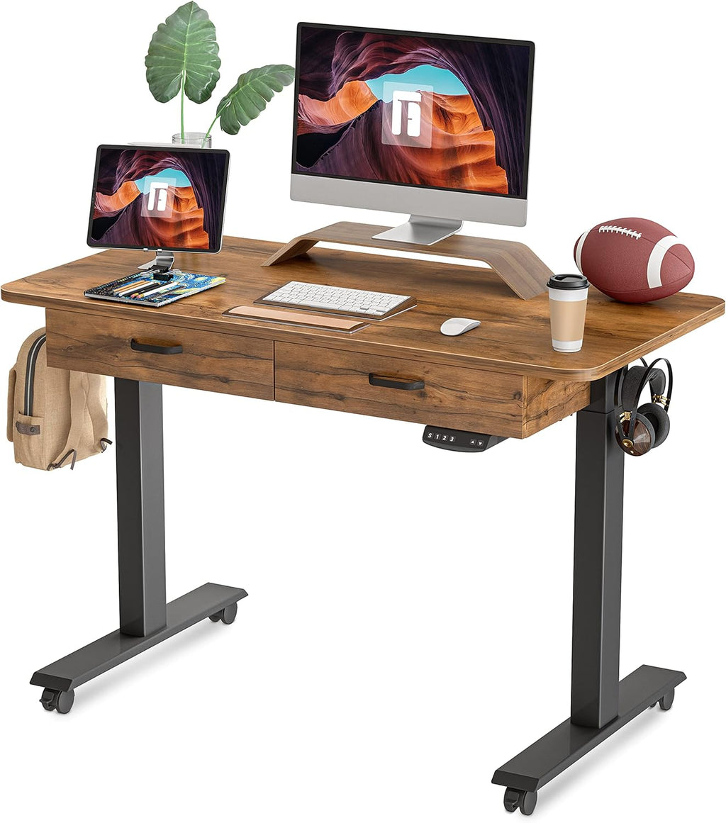 55x 24 Inches Electric Standing Desk with Double Drawer, Black Frame/Fir Brown Top K91272