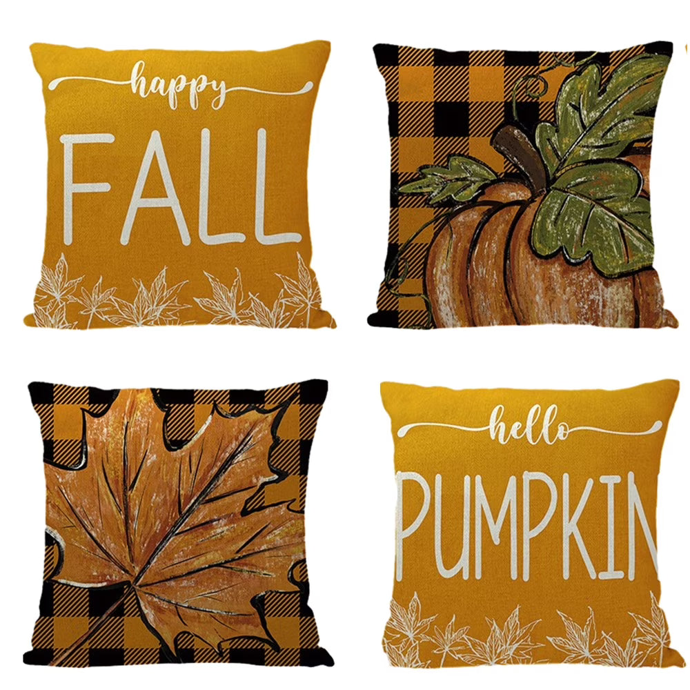 Buffalo Plaid Pumpkin Maple Leaf Fall Throw Pillow Covers Set of 4 P2358