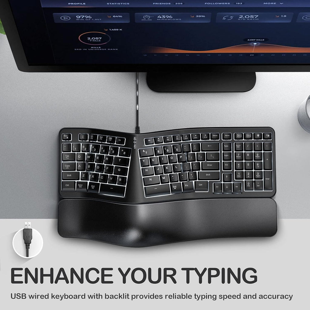 Backlit Wired Ergonomic Split Keyboard with Wrist Rest, 104 Keys E279445