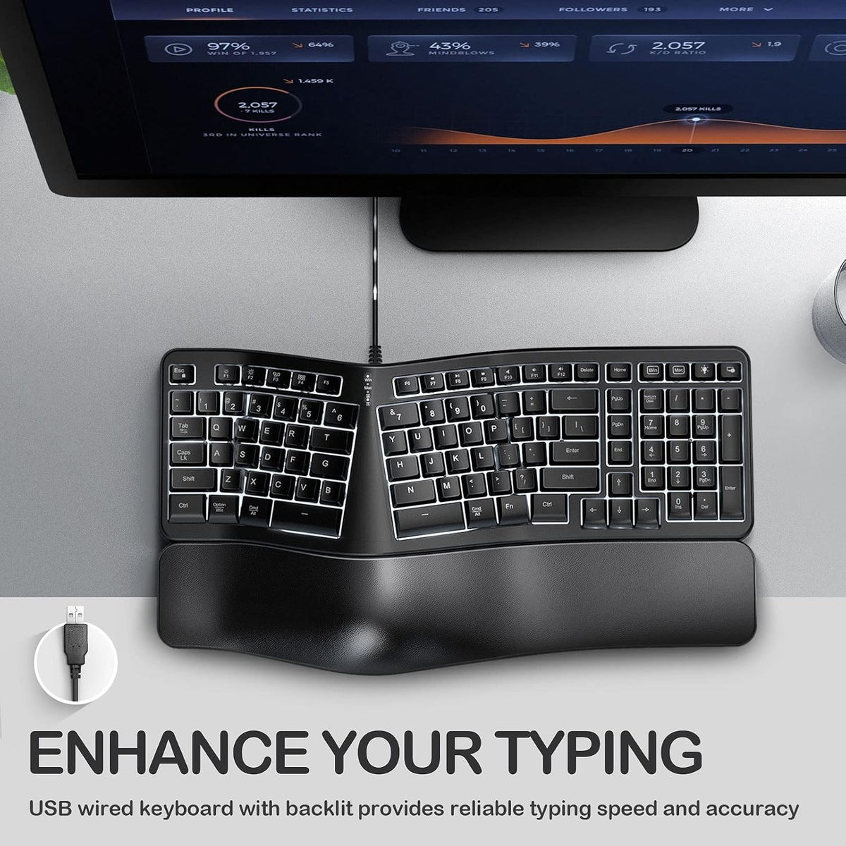 Backlit Wired Ergonomic Split Keyboard with Wrist Rest, 104 Keys E279445