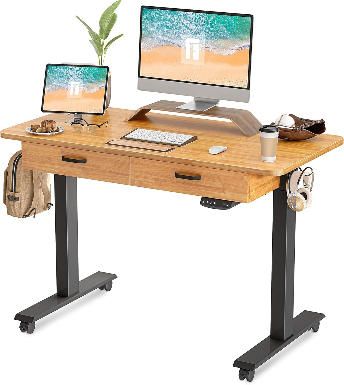 55x 24 Inches Electric Standing Desk with Double Drawer, Black Frame/Fir Brown Top K91272