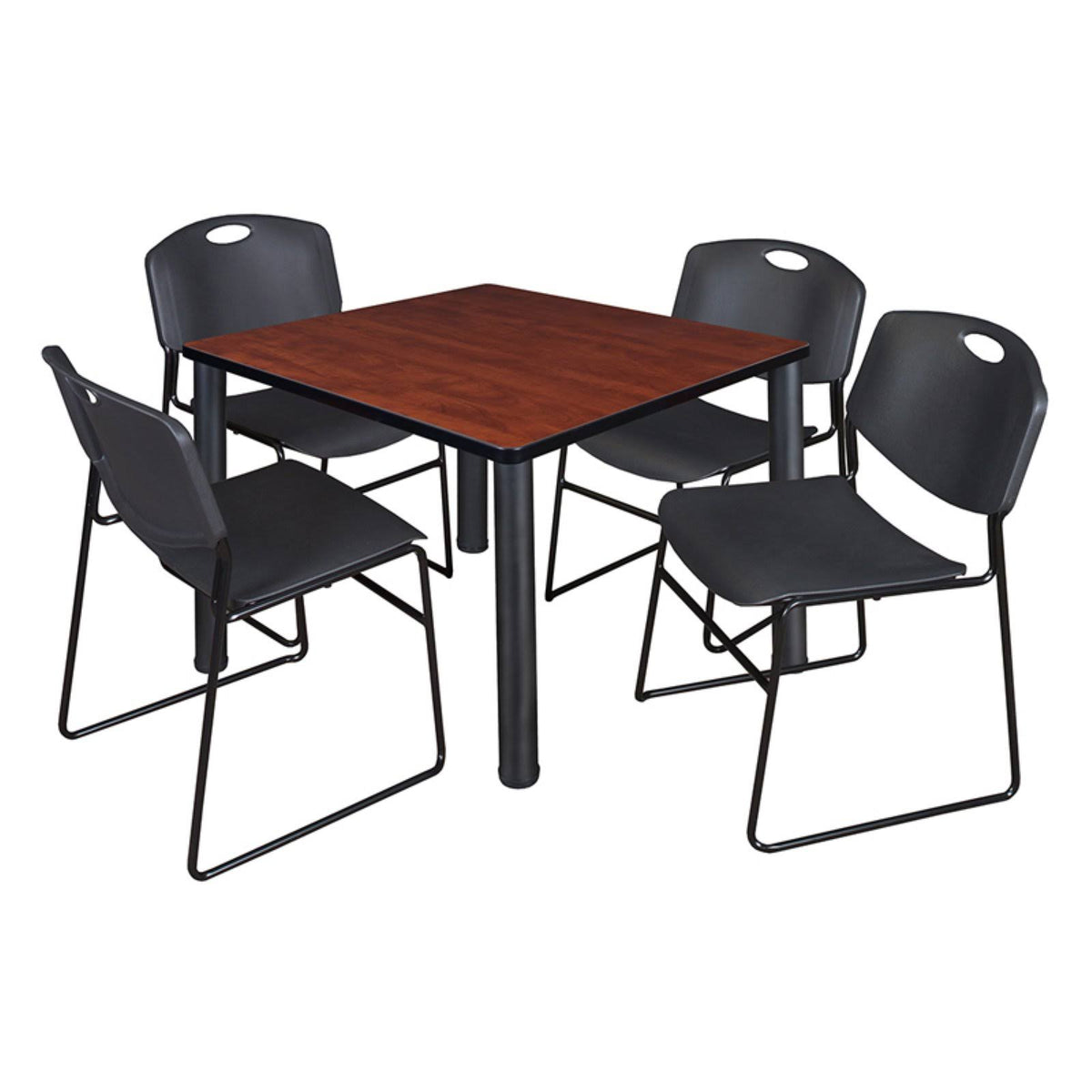 Cherry Black Square Breakroom Table with 4 Stack Chairs A9792