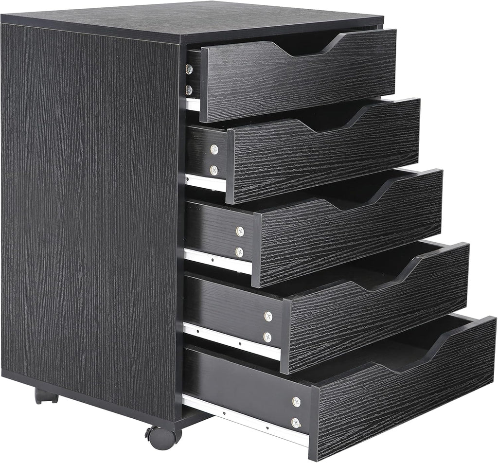 5 Drawer Mobile Wood Filing Cabinet with Lockable Casters, Black, Pack of 2 V78791
