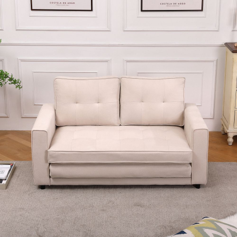 Beige Linen Folding Sofa Bed with Two Storage Pockets U2870